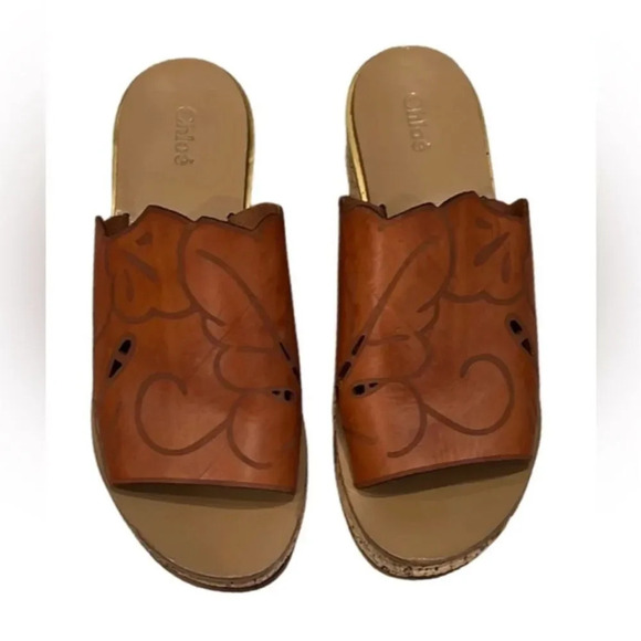 Chloe Women's Brown Wedge Sandals Size 11 Laser-Cut Cork Platform - Picture 1 of 7